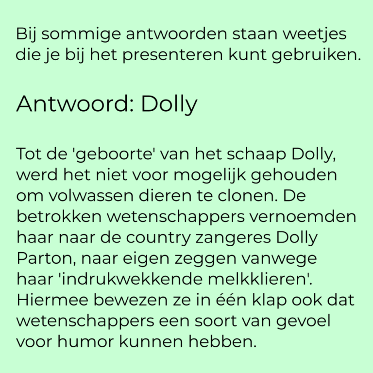 Antwoord pubquizvraag en weetje over Dolly